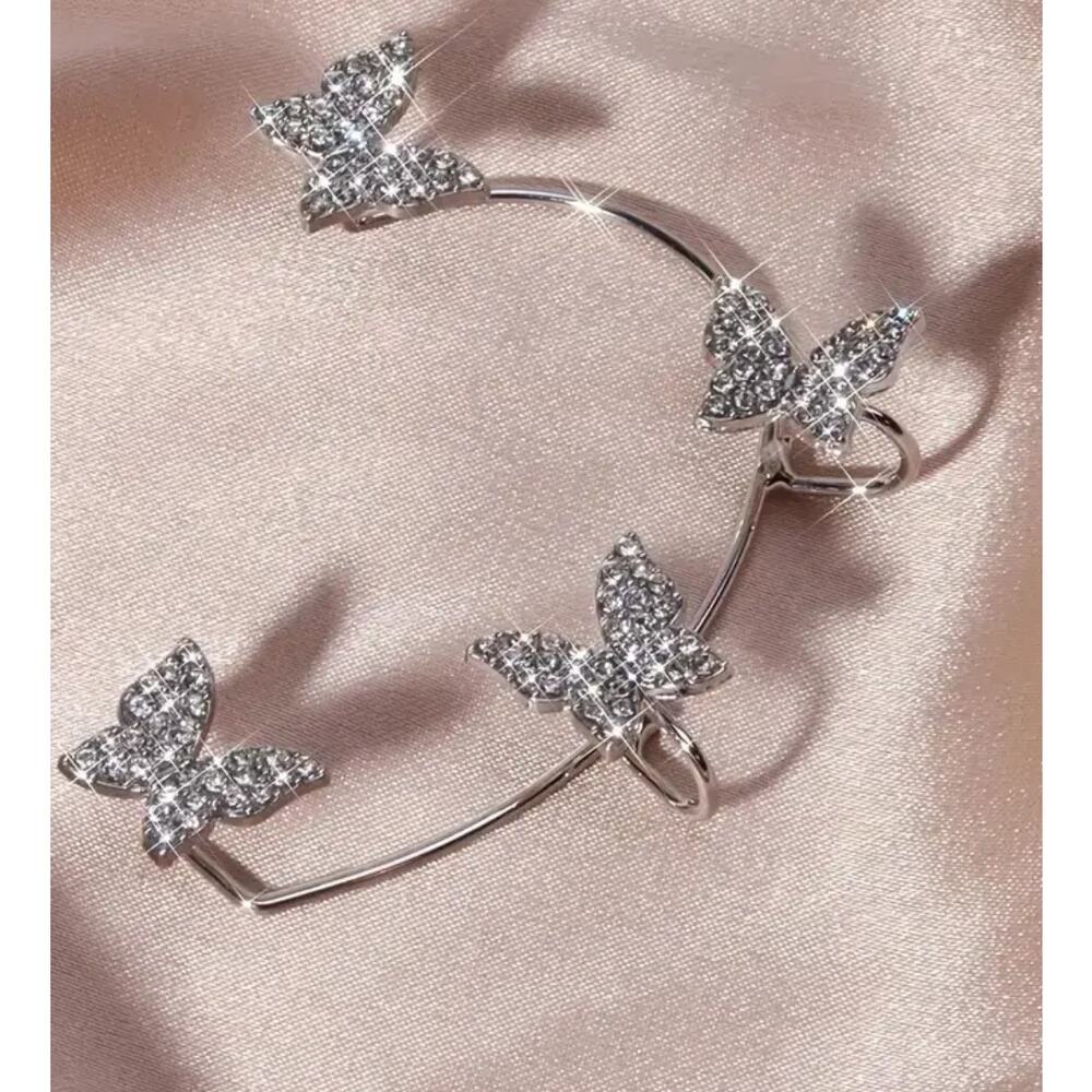 Pair Butterfly Cuff Earring Rhinestone Gold/Silver Metal Fairy Core Nature Elf - Picture 3 of 4